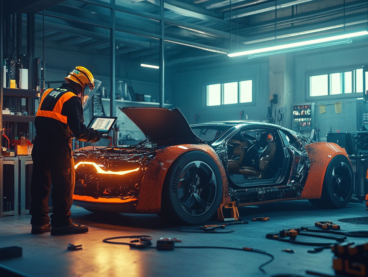 Mechanic assessing damage on electric vehicle after a collision